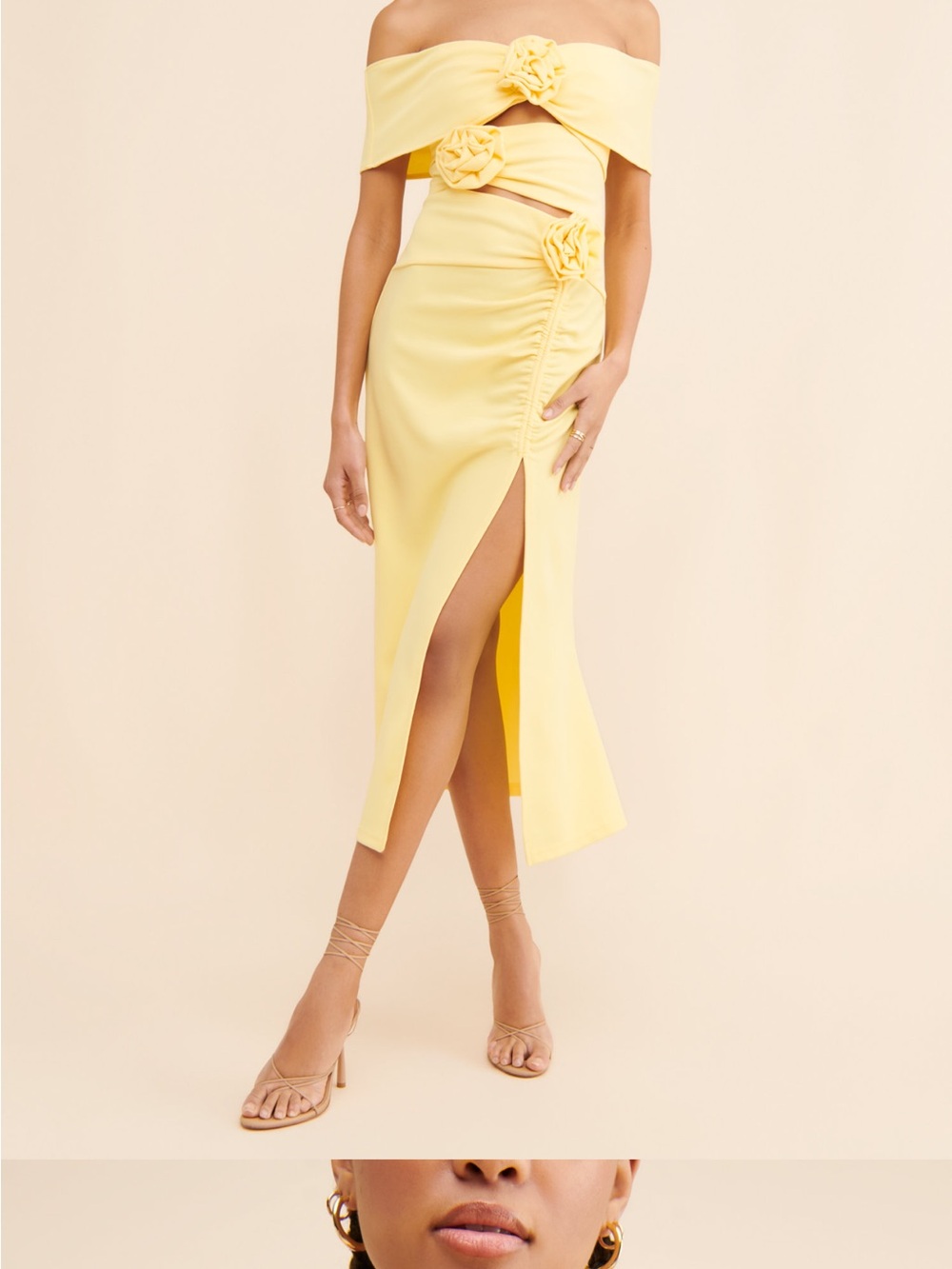 Elliatt Pale Yellow Midi Front Slit and Rosette Details